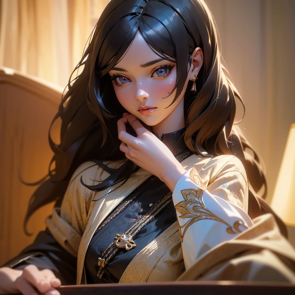 a black-haired long-haired woman making a girl plastic model kit, extremely detailed face and figure, beautiful detailed eyes, beautiful detailed lips, 1girl, high quality 3d render, intricate details, photo realistic, artist rendering, detailed craftsmanship, warm lighting, soft colors, natural lighting, concentration expression
