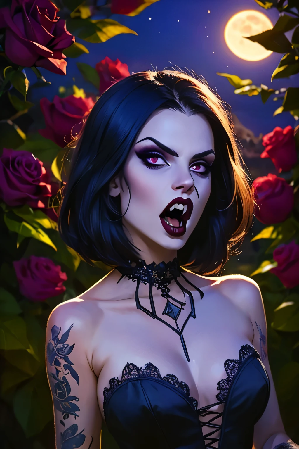 Generate a hyper-realistic image that employs the shallow depth of field technique, Head and sholders portrait to highlight a pretty goth (((vampire))) girl, ((open mouth with vampire canine teeth)) , wearing a gothic dress, ((cut hair with fringe)), tattooed, ((heavy makeup)) , at ((night in a creepy cemitery)) setting, (((under the moonlight))). The girl should be the focal point, with crisp clarity, while the background of the forest should be gently blurred to create a bokeh effect. (((black roses In the foreground))) should be visible but blurred, adding depth to the composition.", adding depth to the composition. Sony Alpha A7R III, macros lens , f/5.6. ((Cinematic purple and pink Lighting)) .