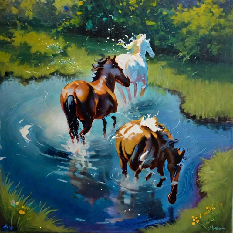 Realistic oil painting of Two inclined cylindrical horses with metopes of horses with riders, with small colorful flowers ,blue, bars, yellow and white,submerged in a crystalline pond, reflective ce wine red and yellow nuances. With a gradient towards light in a nuanced and thin light blue tone, very beautiful