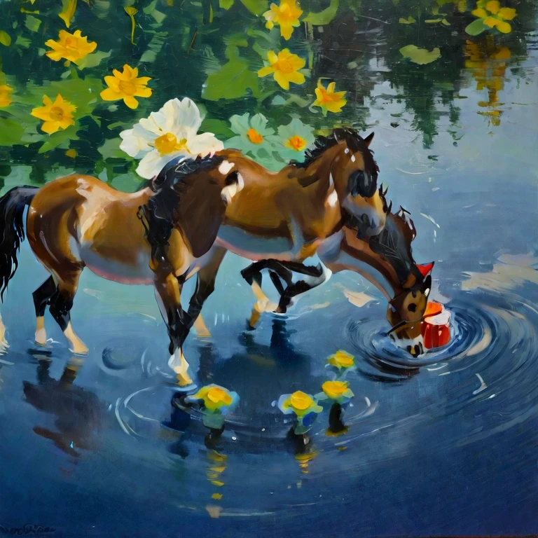 Realistic oil painting of Two inclined cylindrical horses with metopes of horses with riders, with small colorful flowers ,blue, bars, yellow and white,submerged in a crystalline pond, reflective ce wine red and yellow nuances. With a gradient towards light in a nuanced and thin light blue tone, very beautiful