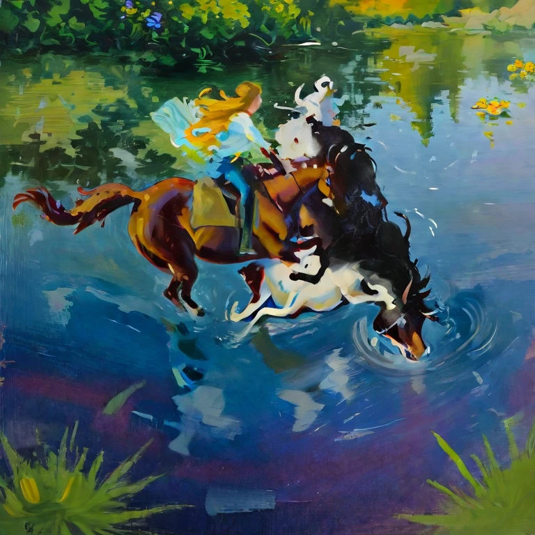 Realistic oil painting of Two inclined cylindrical horses with metopes of horses with riders, with small colorful flowers ,blue, bars, yellow and white,submerged in a crystalline pond, reflective ce wine red and yellow nuances. With a gradient towards light in a nuanced and thin light blue tone, very beautiful
