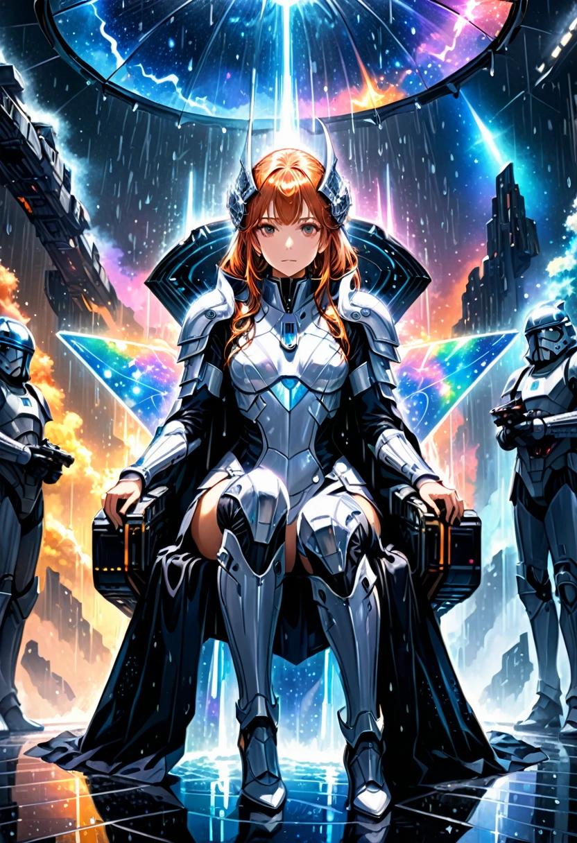 (Umbrella, rain), modernist style, a woman dressed in Star Wars armor sits on a pure crystal throne, surrounded by cosmic dust and faint stellar light. She gazes at the holographic projection in front of her, commanding the interstellar fleet, (Photography), award-winning, cinematic still, emotional, vignette, dynamic, vivid, (masterpiece, best quality, Professional, perfect composition, very aesthetic, absurdres, ultra-detailed, intricate details:1.3)