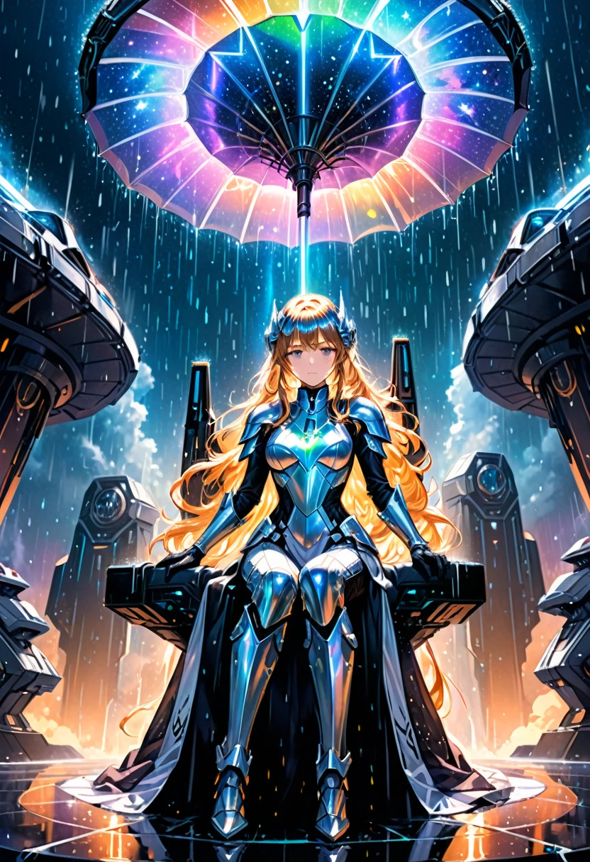 (Umbrella, rain), modernist style, a woman dressed in Star Wars armor sits on a pure crystal throne, surrounded by cosmic dust and faint stellar light. She gazes at the holographic projection in front of her, commanding the interstellar fleet, (Photography), award-winning, cinematic still, emotional, vignette, dynamic, vivid, (masterpiece, best quality, Professional, perfect composition, very aesthetic, absurdres, ultra-detailed, intricate details:1.3)