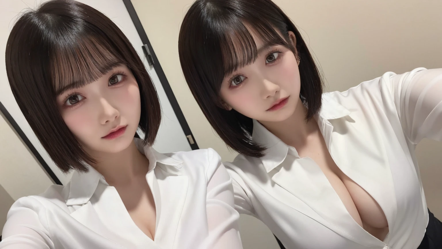 18-year-old、Ultra HD、Ultra-high resolution、Realistic、Sweaty skin、Bob Hair Bob Hair、Transparent nipples、Large Breasts、Selfie、White shirt、solo、business suit