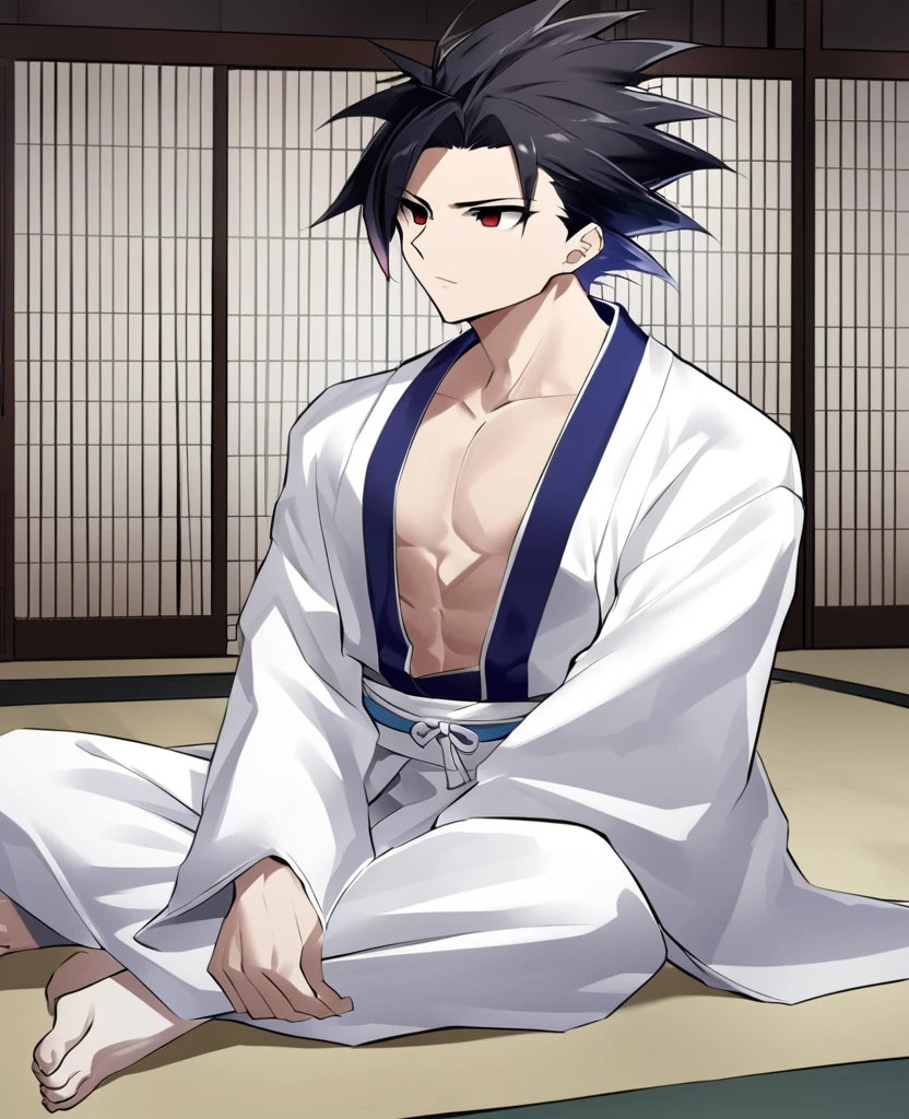 1boy, male focus, ponyzeldris, black hair, short hair, spiked hair, black eyes, red eyes, empty eyes,muscle, wearing white kimono with blue parts, sitting at the the dojo, dojo background, focused expression,closed eyes, Crossed legs, red cursed energy aura around the body