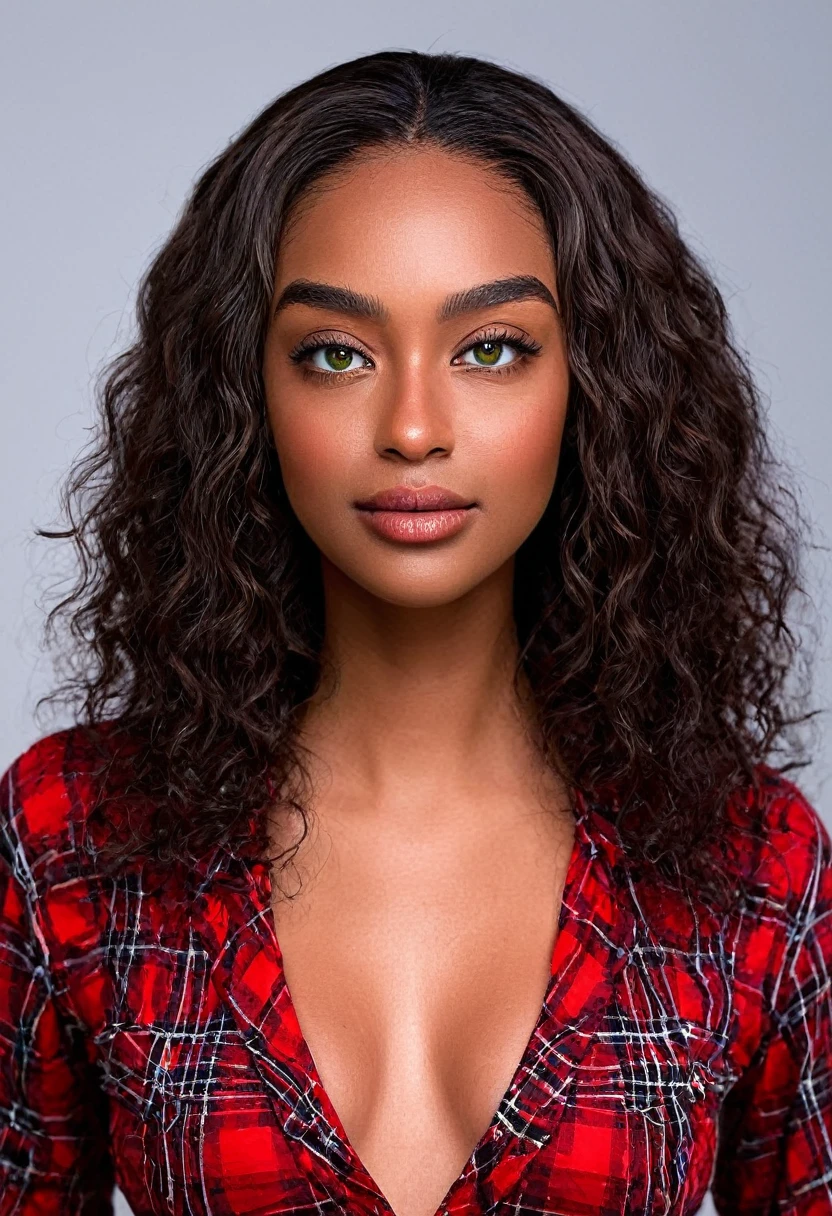 Sexy pose, A beautiful woman, beautiful Latin face, young Brazilian Nyvi Estephan, Brazilian supermodel, serene and elegant beauty, Angolan descent, young adult 30 years old, nerdy woman, tall woman, a stunning black woman, with indigenous features, beautiful girl indigenous, native Brazilian, ((An indigenous African girl with European ebony)), ((her beauty is undeniable)), beautiful young ebony girl with dark skin, tanned Mexican, black hair with brown highlights, black curly hair with brown highlights, hair black voluminous with brown highlights, vibrant and dynamic cut with soft waves can add a modern and stylish touch. Has an exotic beauty with beautiful green eyes, realistic green eyes, bright green eyes, ultra detailed green eyes, ultra realistic green eyes, natural green eyes, ultra detailed iris, perfect eyes, perfect iris, hyper realistic eyes, eyeliner, long eyelashes and defined, penetrating gaze that conveys confidence, striking, powerful expression, strong presence, striking makeup, vibrant red lipstick, full lips, voluminous lips, seductive lips, captivating, striking, unforgettable, dazzling and mischievous smile, wide smile, your features are captivating , subtle smile on his lips. beautiful and detailed face, detailed skin texture, Notice her perfectly shaped eyebrows, which arch gracefully above her eyes, small nose that is proportionate to her face, and soft contour of her face that accentuates her high cheekbones. Beautiful and glowing skin, intricate details, smooth skin, healthy and radiant appearance, Attractive slim woman, Average bust, Average and beautiful breasts, athletic physique, flat stomach, slim waist, huge hips, wide hips, big ass, thick thighs, legs shapely concept art. Wearing a red and black plaid shirt with long sleeves, shirt is open, no bra, short denim shorts and short black boots. 3D 4k, high resolution, full sharpness photo realistic, breathtaking, Lentille nette, Photographie professionnelle, Objectif 70mm , Unreal Engine