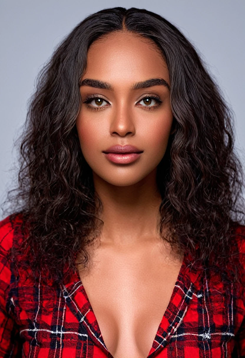 Sexy pose, A beautiful woman, beautiful Latin face, young Brazilian Nyvi Estephan, Brazilian supermodel, serene and elegant beauty, Angolan descent, young adult 30 years old, nerdy woman, tall woman, a stunning black woman, with indigenous features, beautiful girl indigenous, native Brazilian, ((An indigenous African girl with European ebony)), ((her beauty is undeniable)), beautiful young ebony girl with dark skin, tanned Mexican, black hair with brown highlights, black curly hair with brown highlights, hair black voluminous with brown highlights, vibrant and dynamic cut with soft waves can add a modern and stylish touch. Has an exotic beauty with beautiful green eyes, realistic green eyes, bright green eyes, ultra detailed green eyes, ultra realistic green eyes, natural green eyes, ultra detailed iris, perfect eyes, perfect iris, hyper realistic eyes, eyeliner, long eyelashes and defined, penetrating gaze that conveys confidence, striking, powerful expression, strong presence, striking makeup, vibrant red lipstick, full lips, voluminous lips, seductive lips, captivating, striking, unforgettable, dazzling and mischievous smile, wide smile, your features are captivating , subtle smile on his lips. beautiful and detailed face, detailed skin texture, Notice her perfectly shaped eyebrows, which arch gracefully above her eyes, small nose that is proportionate to her face, and soft contour of her face that accentuates her high cheekbones. Beautiful and glowing skin, intricate details, smooth skin, healthy and radiant appearance, Attractive slim woman, Average bust, Average and beautiful breasts, athletic physique, flat stomach, slim waist, huge hips, wide hips, big ass, thick thighs, legs shapely concept art. Wearing a red and black plaid shirt with long sleeves, shirt is open, no bra, short denim shorts and short black boots. 3D 4k, high resolution, full sharpness photo realistic, breathtaking, Lentille nette, Photographie professionnelle, Objectif 70mm , Unreal Engine 
