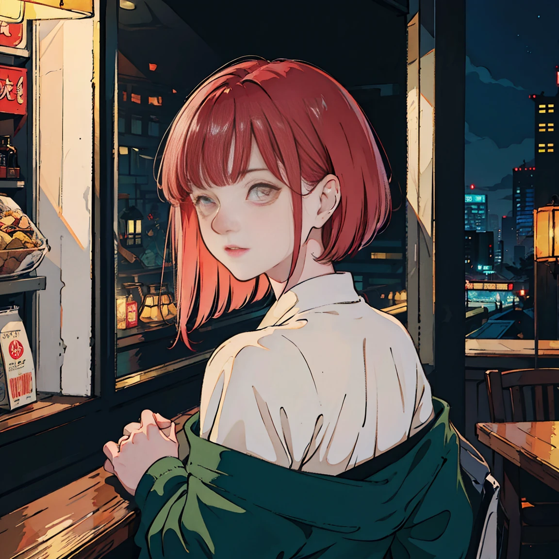 Beautiful Asian redhead sitting in a restaurant at night, Visible from the window, face perfect, oculos de sol, Neon black, (back-illuminated: 1.1), hard shadows, work of art, highest quallity, complex, model shooting style, vintage, Film grain, incomplete details
