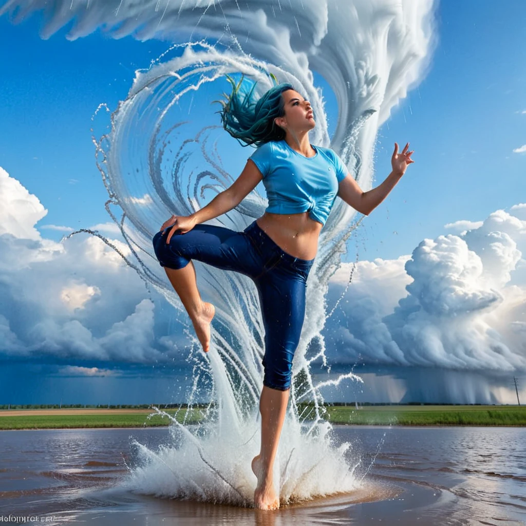 A dynamic scene of a young woman with long, flowing blue hair tied back, wearing a light blue shirt and dark blue rolled-up pants, performing a high kick against a massive water tornado. The water tornado, with a spiraling structure, is bursting and splashing dramatically upon impact with her foot. The setting is an open area with a clear blue sky and some clouds in the background. The sunlight reflects off the water droplets, creating a sparkling effect. The overall scene conveys a sense of strength, action, and fluidity. hyper realistic photo, vibrant color, 16k