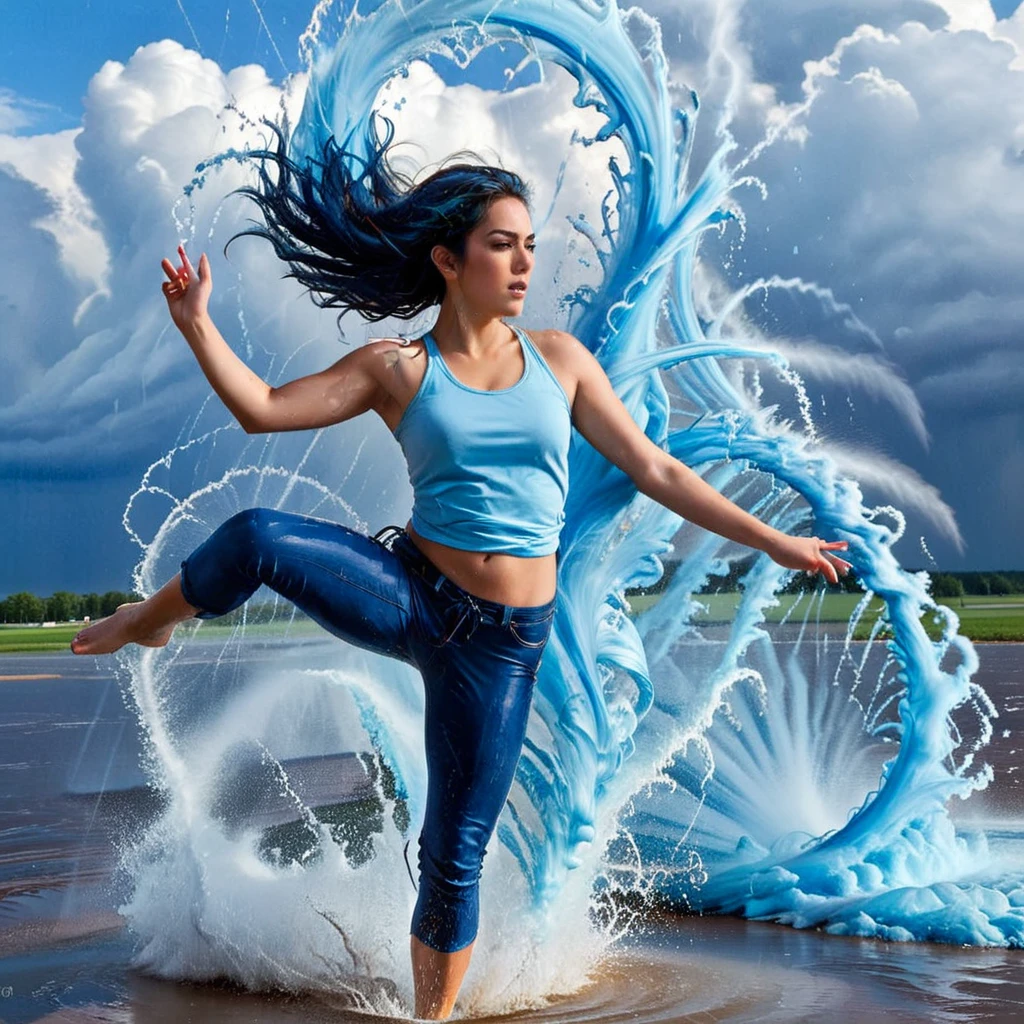 A dynamic scene of a young woman with long, flowing blue hair tied back, wearing a light blue shirt and dark blue rolled-up pants, performing a high kick against a massive water tornado. The water tornado, with a spiraling structure, is bursting and splashing dramatically upon impact with her foot. The setting is an open area with a clear blue sky and some clouds in the background. The sunlight reflects off the water droplets, creating a sparkling effect. The overall scene conveys a sense of strength, action, and fluidity. hyper realistic photo, vibrant color, 16k