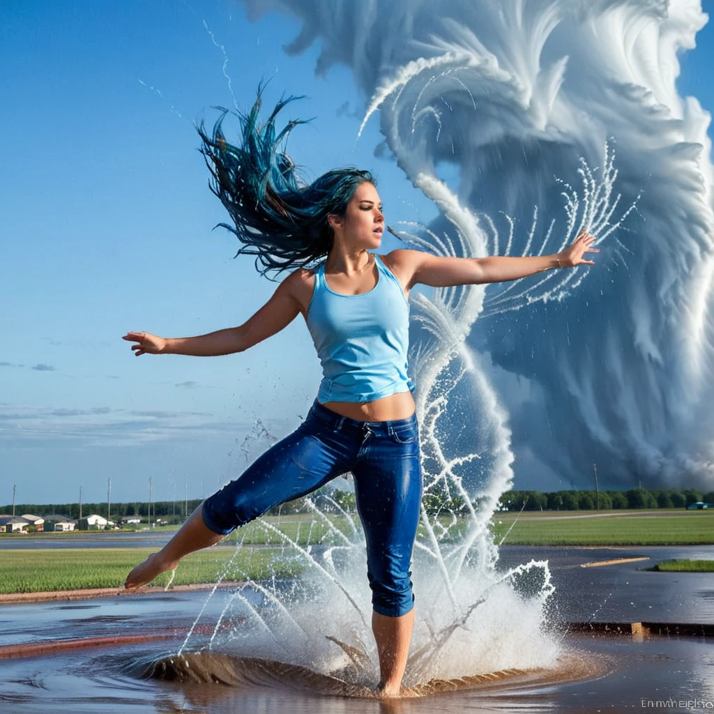 A dynamic scene of a young woman with long, flowing blue hair tied back, wearing a light blue shirt and dark blue rolled-up pants, performing a high kick against a massive water tornado. The water tornado, with a spiraling structure, is bursting and splashing dramatically upon impact with her foot. The setting is an open area with a clear blue sky and some clouds in the background. The sunlight reflects off the water droplets, creating a sparkling effect. The overall scene conveys a sense of strength, action, and fluidity. hyper realistic photo, vibrant color, 16k