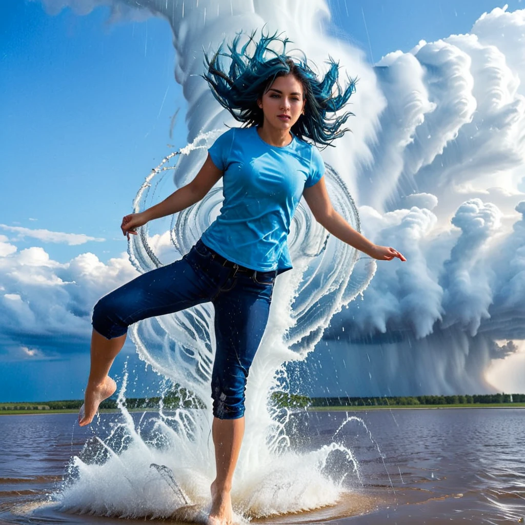 A dynamic scene of a young woman with long, flowing blue hair tied back, wearing a light blue shirt and dark blue rolled-up pants, performing a high kick against a massive water tornado. The water tornado, with a spiraling structure, is bursting and splashing dramatically upon impact with her foot. The setting is an open area with a clear blue sky and some clouds in the background. The sunlight reflects off the water droplets, creating a sparkling effect. The overall scene conveys a sense of strength, action, and fluidity. hyper realistic photo, vibrant color, 16k