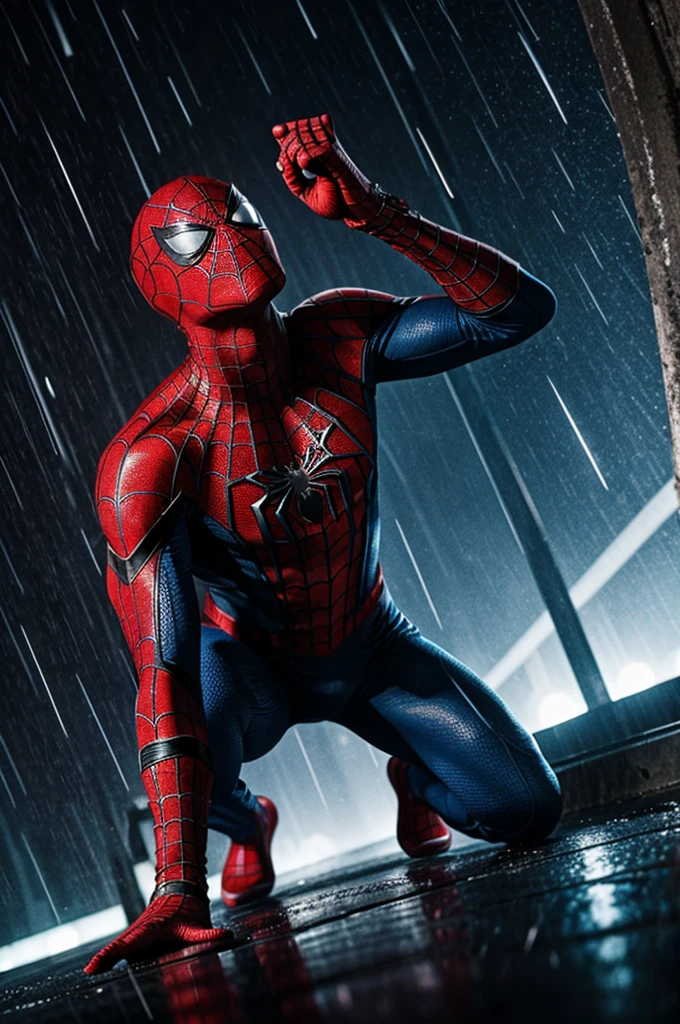 Spiderman kneeling looking up while raining at night 