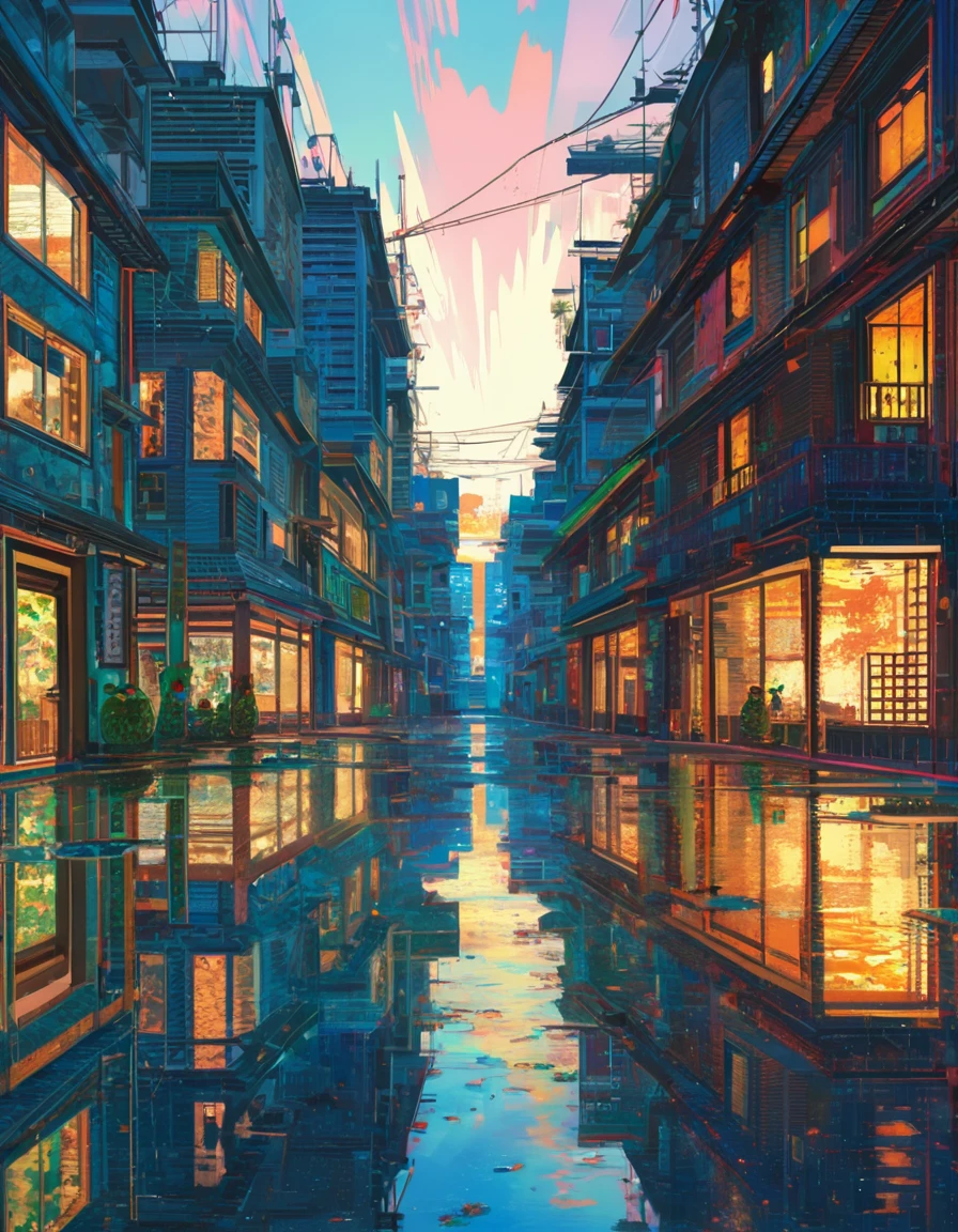 ultra-detailed:1.3, ultra delicate and detailed scenery:1.3, (absurdres, texture, masterpiece), Pop art, art brut, by John Berkey, focus on puddles, tonalism, pixiv contest winner,((Super multiple exposure effect where the background can be seen through the scenery)), beautiful morning sunshine scene with drizzle in rainy season, the puddles forming on the asphalt ground quietly spreading out many ripples, Many brightly colorful modern buildings are reflecting beautiful scenery. Many tiny frogs opening mouth are sitting in front of building entrance. A few sunny dolls known as Teruteru bozu are hanging from eaves. ,more detail XL,