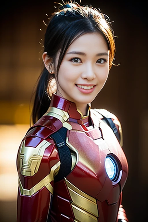 (a gorgeous lady, wearing cosplay of Iron Man MK 7 Suit, Power Pose during Battle of New York, dimpled smile, short ponytail, cute snaggleooth, beautiful detailed eyes, photorealistic, hyper-realism, high contrast, ultra HD, realistic skin textures, top image quality, top-quality, super high resolution, fine details, very meticulously, the Cowboy shot, bokeh background)
