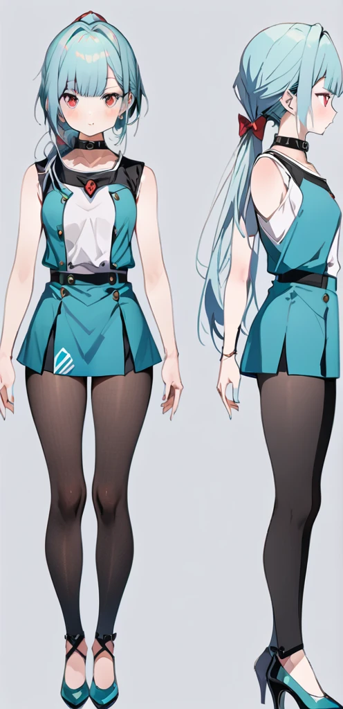 (masterpiece, best quality:1.2), 1girl, solo,((( reference sheet)))), ((( small chest))), (((black collar)), 
((long ponytail turquoise hair))), ((red eyes))), White sleeveless tank top，nsfw, nude bottom,((turquoise uniform)))( black pantihose),(turquoise highheels) hard nipples