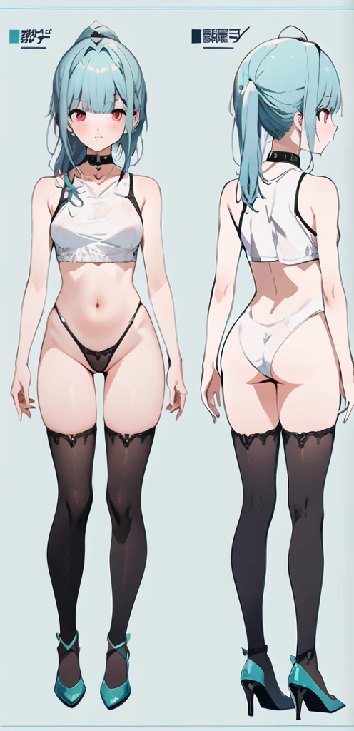 (masterpiece, best quality:1.2), 1girl, solo,((( reference sheet)))), ((( small chest))), (((black collar)),
((long ponytail turquoise hair))), ((red eyes))), White sleeveless tank top,nsfw, nude bottom,((turquoise uniform)))( black pantihose),(turquoise highheels) hard nipples