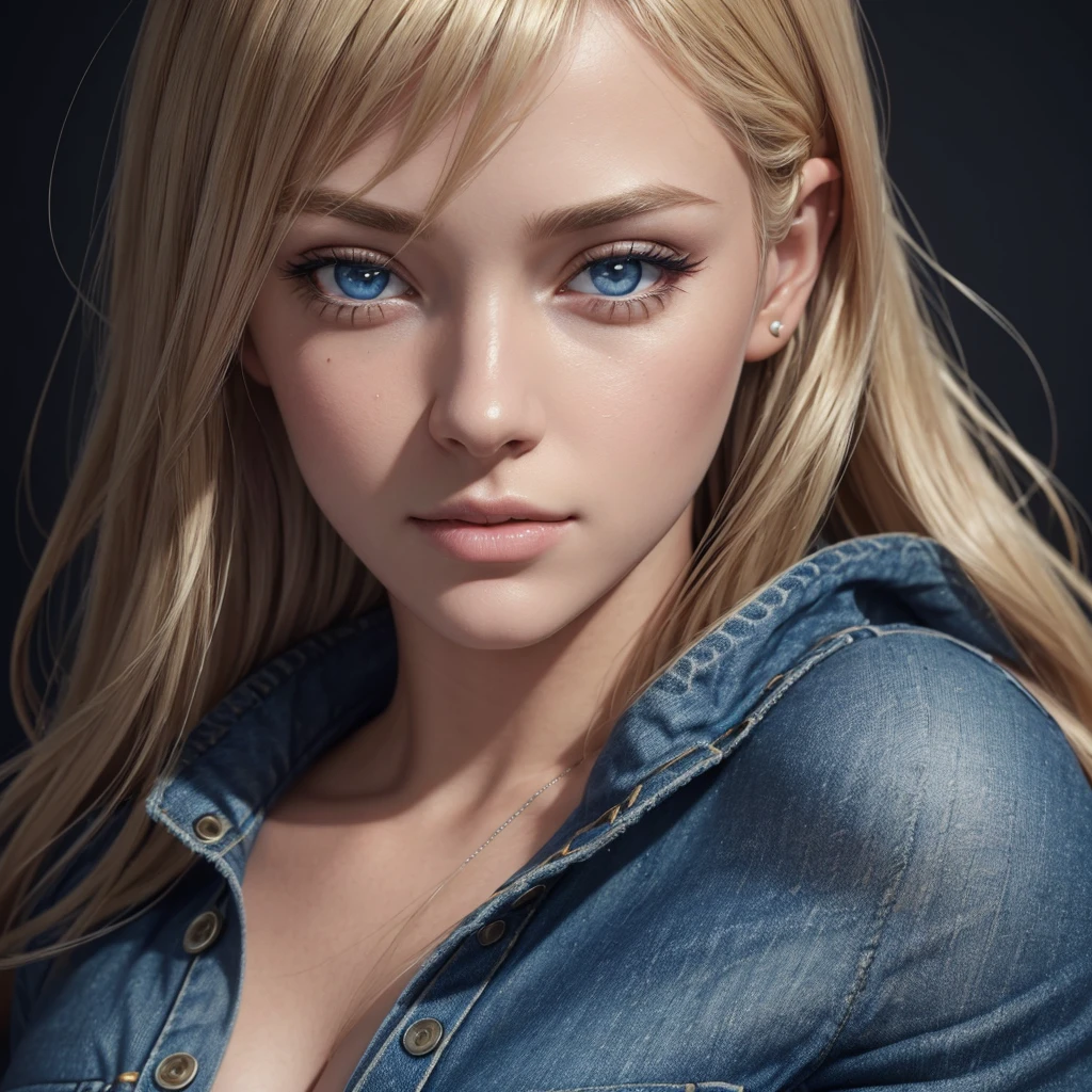 a photo-realistic portrait of a young woman with blonde hair, detailed face features, wearing a white top, denim vest, and dark blue denim jeans with 4 silver buttons, detailed face, beautiful detailed eyes, beautiful detailed lips, extremely detailed eyes and face, long eyelashes, (best quality, 4k, 8k, highres, masterpiece:1.2), ultra-detailed, (realistic, photorealistic, photo-realistic:1.37), studio lighting, vivid colors, fashion portrait