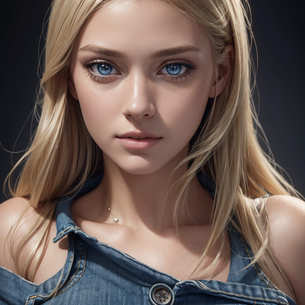 a photo-realistic portrait of a young woman with blonde hair, detailed face features, wearing a white top, denim vest, and dark blue denim jeans with 4 silver buttons, detailed face, beautiful detailed eyes, beautiful detailed lips, extremely detailed eyes and face, long eyelashes, (best quality, 4k, 8k, highres, masterpiece:1.2), ultra-detailed, (realistic, photorealistic, photo-realistic:1.37), studio lighting, vivid colors, fashion portrait