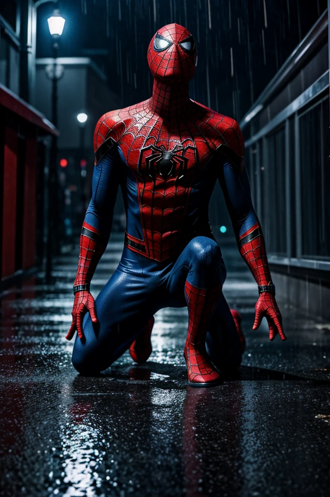 Spiderman kneeling looking up while raining at night 