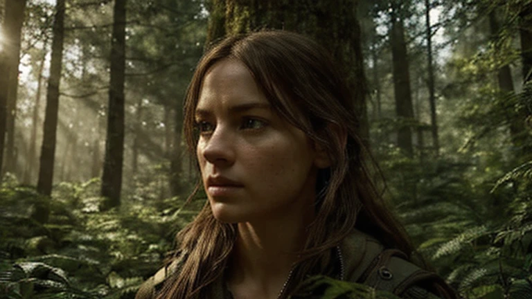 a brave female explorer, detailed realistic portrait, searching for a mysterious figure in the forest, intricate detailed foliage, sunlight filtering through the trees, dramatic lighting, highly detailed, cinematic, epic scale, 8K, photorealistic, award winning digital art, dramatic, cinematic, masterpiece