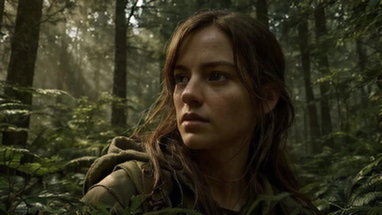 a brave female explorer, detailed realistic portrait, searching for a mysterious figure in the forest, intricate detailed foliage, sunlight filtering through the trees, dramatic lighting, highly detailed, cinematic, epic scale, 8K, photorealistic, award winning digital art, dramatic, cinematic, masterpiece