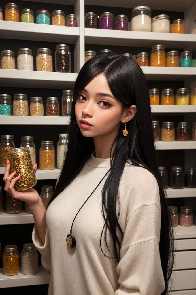 woman light skin, long black hair, with a pot of resin in one hand and in the other hand a keychain and a resin head, butterflies in the air and a shelf with jars of glitter in the background.