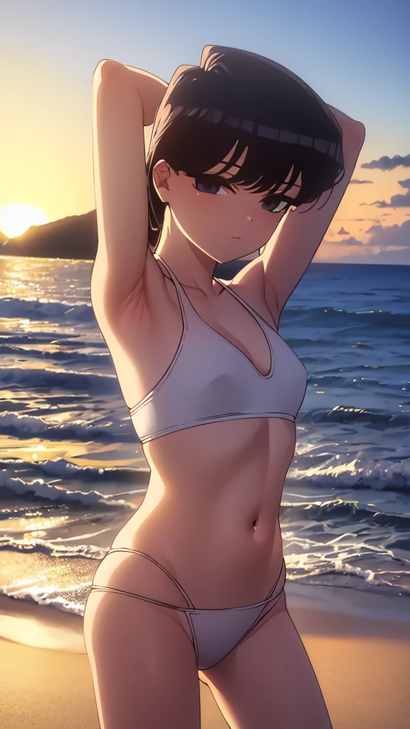 True Face stand alone 5pm Sunset bright from the front straight low length Cowboy Shot Place your arms behind your head Regular swimsuit Ocean Beach Show me your armpit hair Beauty