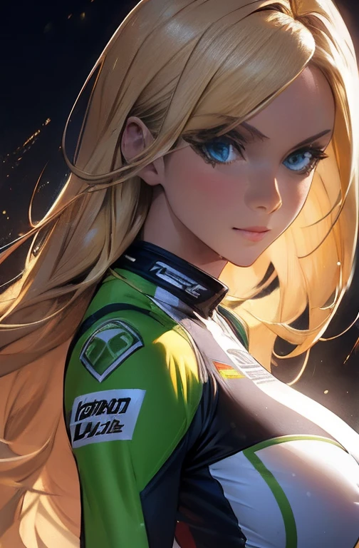 a detailed masterpiece portrait of a beautiful blonde woman with green eyes wearing a racing suit, extremely detailed face and figure, long hair, photorealistic, professional lighting, vibrant colors, cinematic composition, big breast, sensual Perfect body