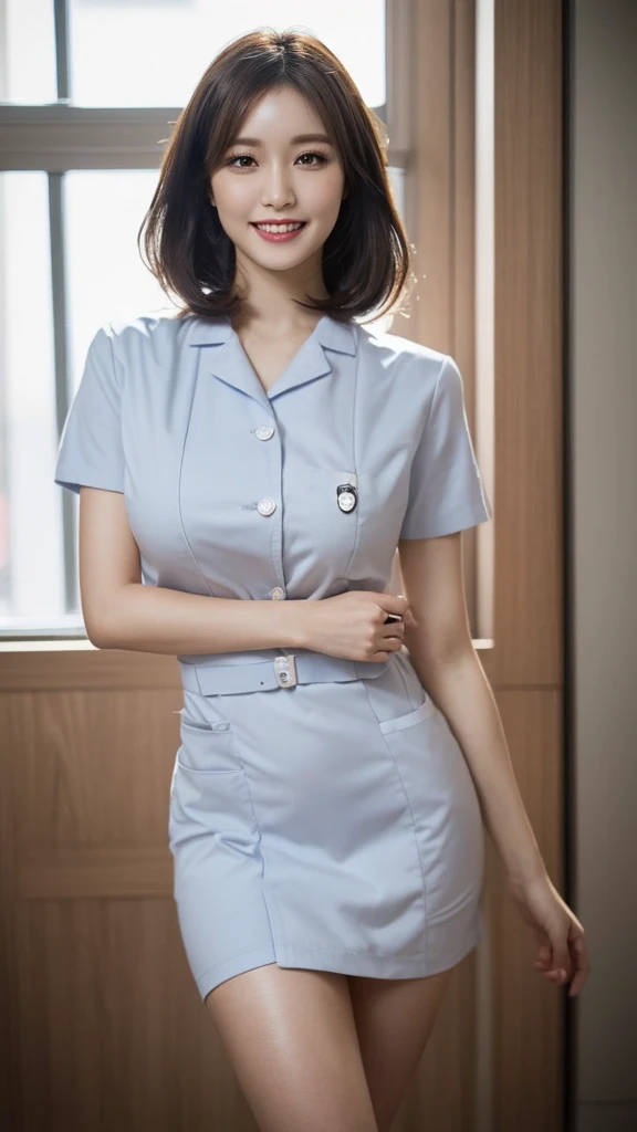 (1 The Ultimate Beautiful Mature Nurse)、Ultra detailed face、Detailed lips、Fine grain、double eyelid、((Black bob hair))、(Nurse uniform:1.3)、(Glamorous Body)、(Huge breasts)、smile、Thighs Thighs Thighs Thighs, Exactly, Perfect Image Realism, background: (Hospital patient room:1.2), Cowboy Shot, 细致background, Detailed costume, Perfect lighting、Hyperrealism、(Photorealistic:1.4)、Maximum resolution 8K, (masterpiece), Very detailed, Professional