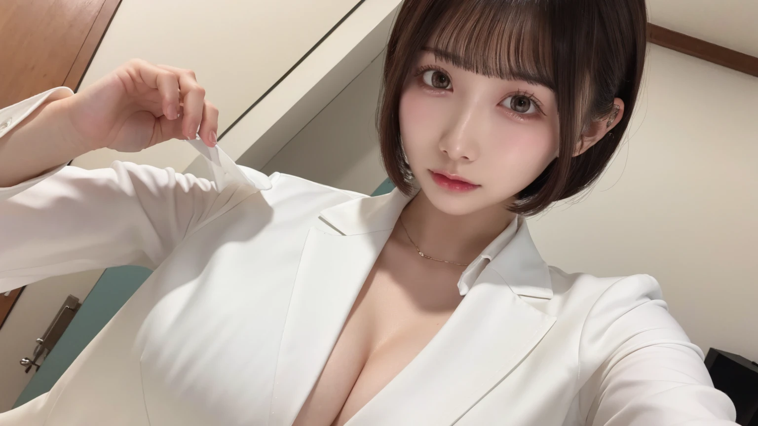 18-year-old、Ultra HD、Ultra-high resolution、Realistic、Sweaty skin、Bob Hair Bob Hair、Transparent nipples、Large Breasts、Selfie、White shirt、solo、business suit