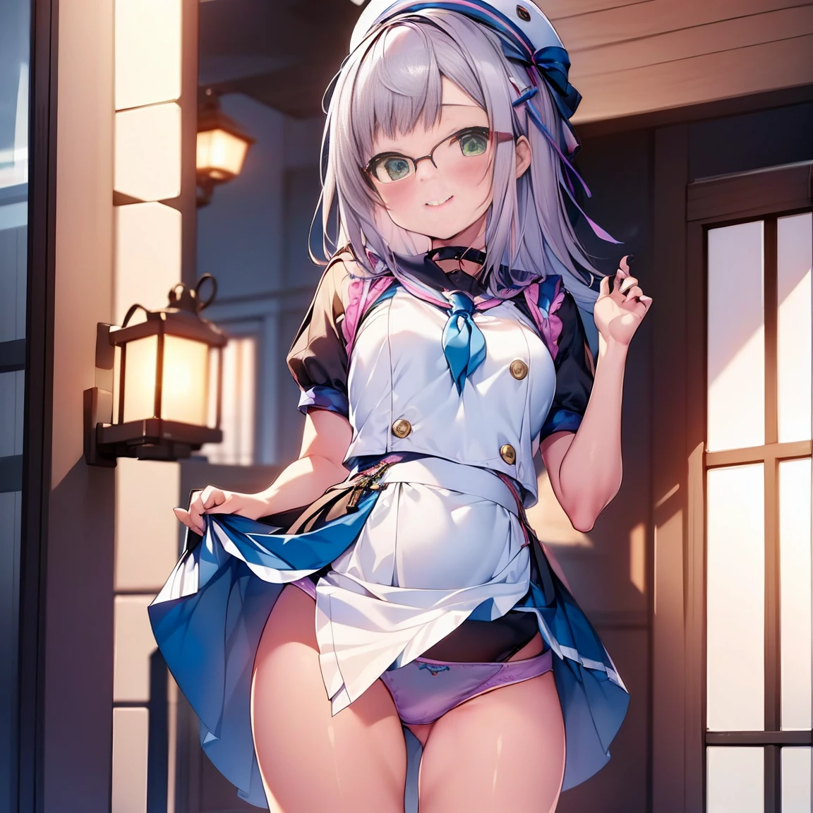 8K、masterpiece、Japanese、Woman wearing glasses、Neon(nod)、from the front、smile、Childish、Small breasts、See-through underwear、night、Bedroom、Show your underwear、mini skirt
