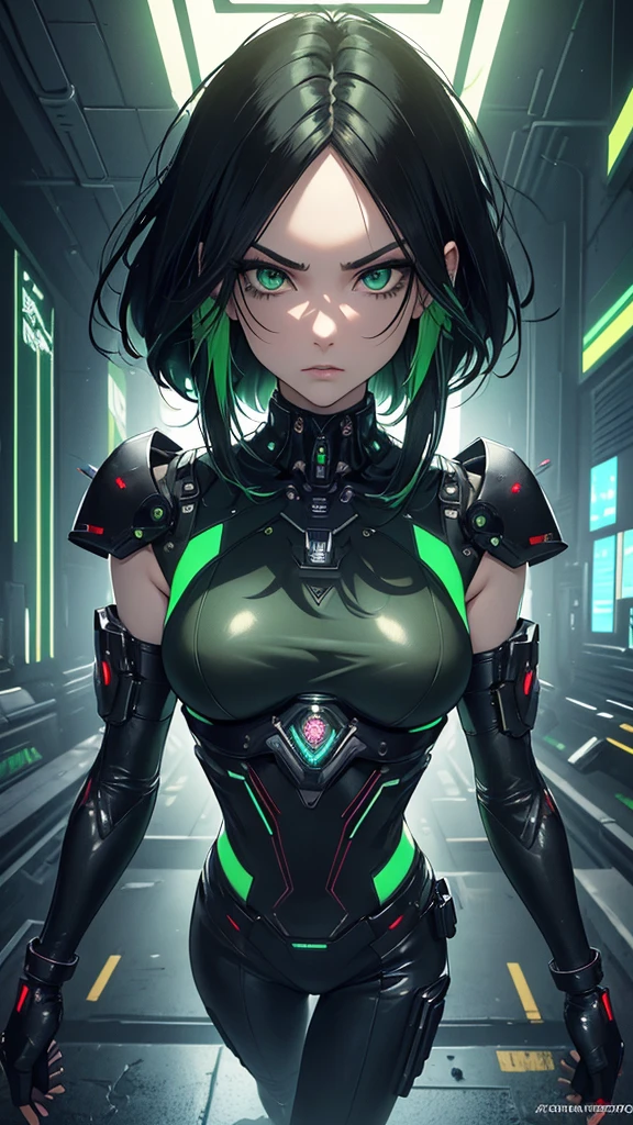 masterpiece, highest quality, (solo focus), (perfect face:1.1), (full body), (high detail:1.1), (hyper-detailed eyes), dramatic, a woman with pale skin and voluminous dark green-black hair, green eyes, solo, two-toned hair, arrogant expression, cybernetic outfit, cyberpunk, art by artgerm, cinematic lighting, fashion, BalenciagaStyle