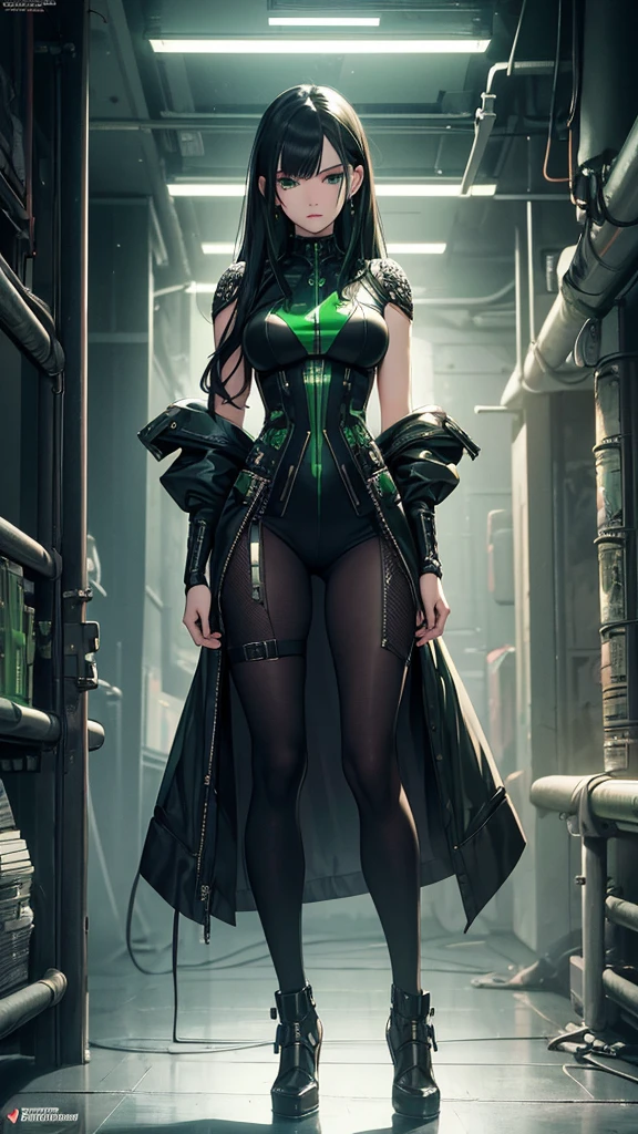masterpiece, highest quality, (solo focus), (perfect face:1.1), (full body), (high detail:1.1), (hyper-detailed eyes), dramatic, a woman with pale skin and voluminous dark green-black hair, green eyes, solo, two-toned hair, arrogant expression, cybernetic outfit, cyberpunk, art by artgerm, cinematic lighting, fashion, BalenciagaStyle