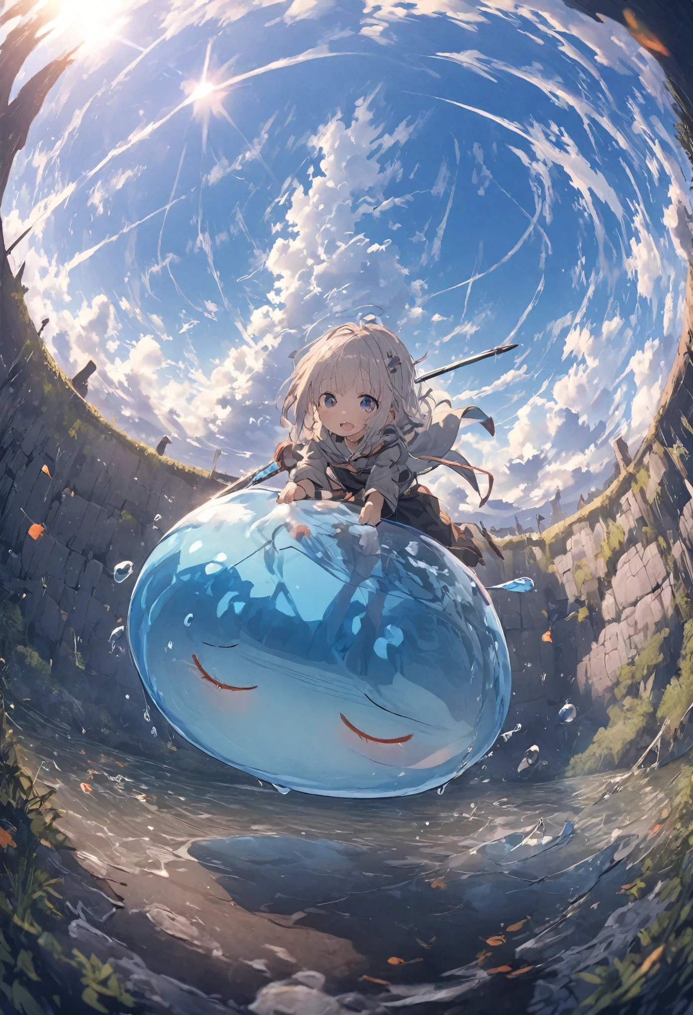 A small swordsman riding a blue slime, Dungeons、Clear blue sky、adventure、Fisheye Lens、SLR、I feel the depth