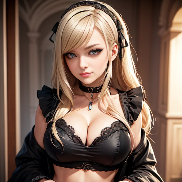 (score_9,score_8_up,score_7_up), source_anime, Gothic blonde ta, cleavage, midriff, red iris eyes, long hair; sexy, cute, zPDXL2, being bored. 1girl, black chocker