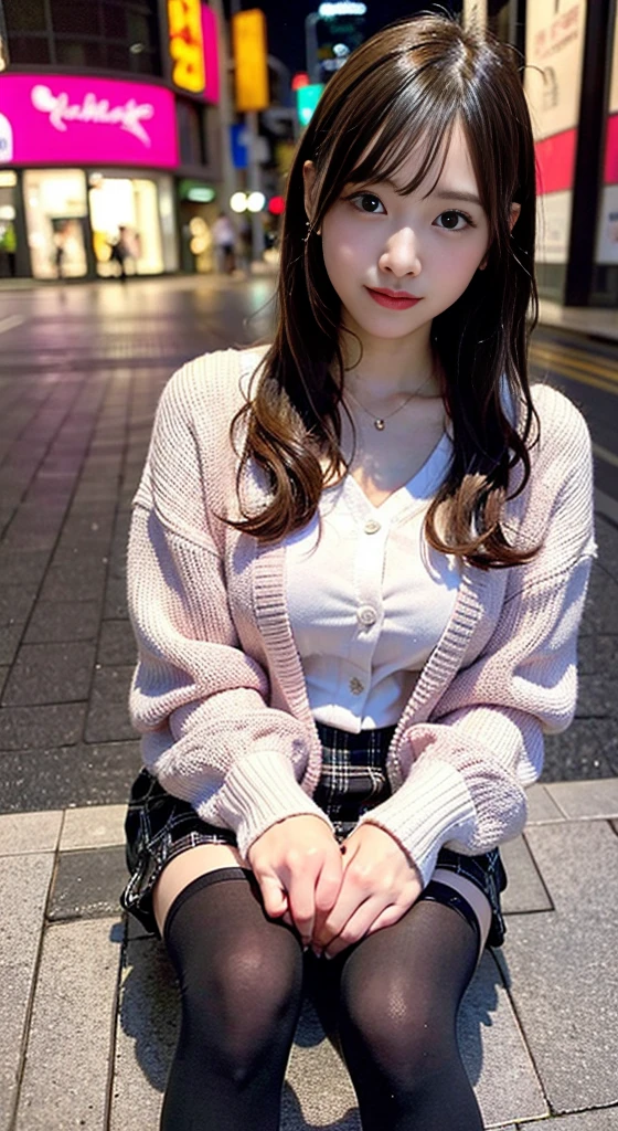 (8K、Raw photo、最high quality、masterpiece:1.2),Detailed face and eyes,最high quality, Ultra-high resolution, Very detailed ,Intricate details ,Tabletop ,pretty girl , Soft cinematic light, Hyper Detail,Sharp focus, high quality, Blonde, Long Hair、 outside,((Pink Cardigan)),((White shirt)),(Black and white plaid mini skirt)、(Black shoes下)、(Black shoes)、Tokyo Street、night、Cityscape