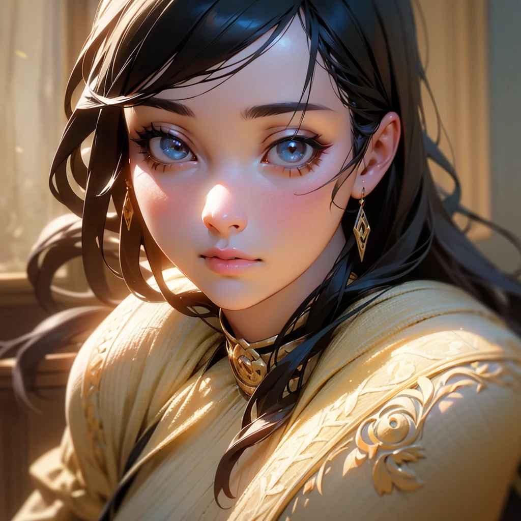 a black-haired long-haired woman, beautiful detailed eyes, beautiful detailed lips, extremely detailed face and figure, 1girl, high quality 3d render, intricate details, photo realistic, artist rendering, detailed craftsmanship, warm lighting, soft colors, natural lighting, concentration expression