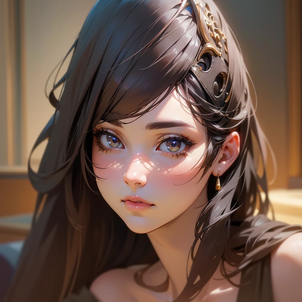 a black-haired long-haired woman, beautiful detailed eyes, beautiful detailed lips, extremely detailed face and figure, 1girl, high quality 3d render, intricate details, photo realistic, artist rendering, detailed craftsmanship, warm lighting, soft colors, natural lighting, concentration expression