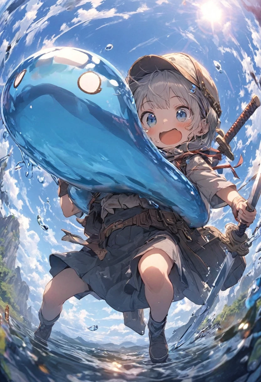A small swordsman riding a blue slime, Dungeons、Clear blue sky、adventure、Fisheye Lens、SLR、I feel the depth、Fun expression