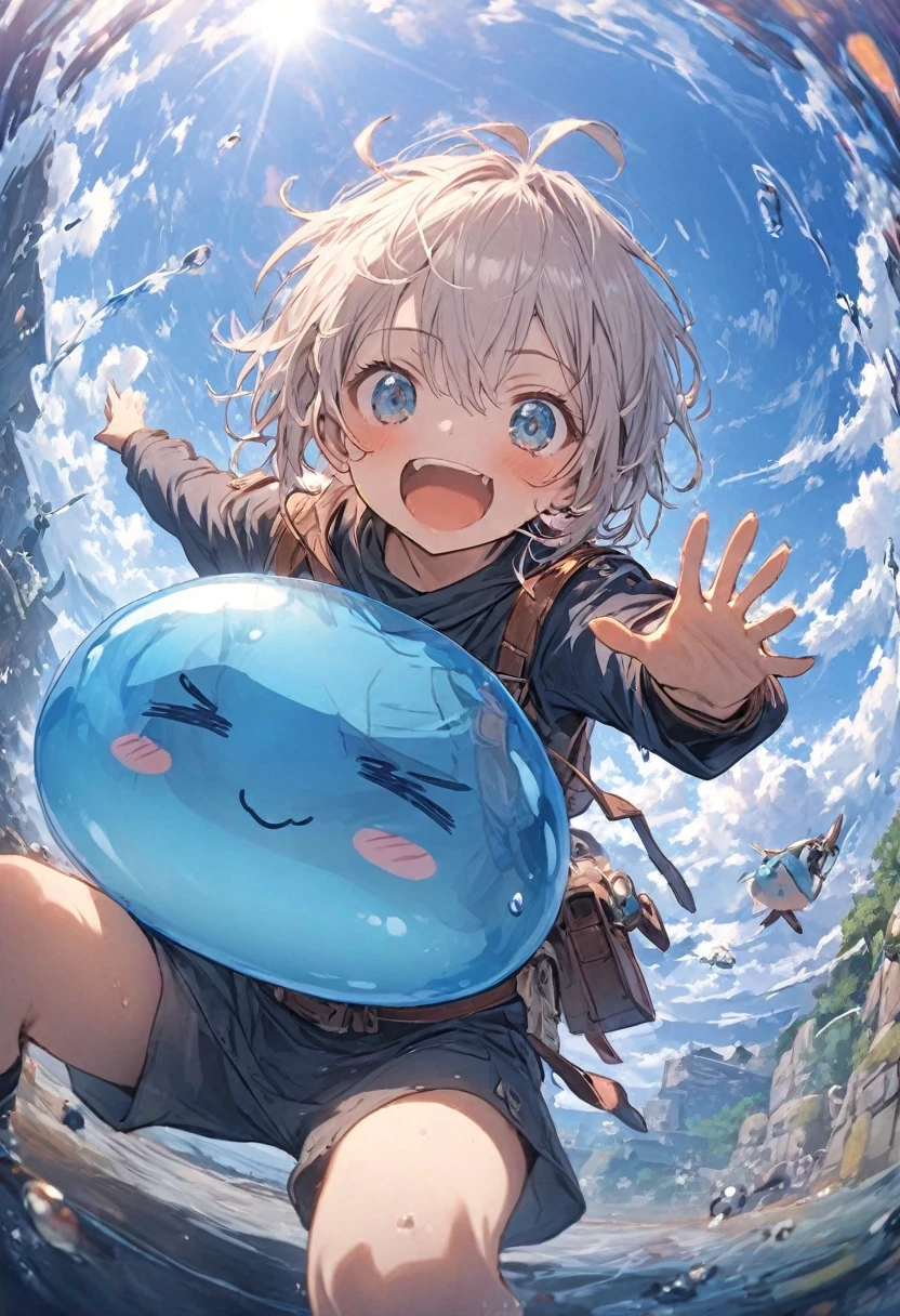 A small swordsman riding a blue slime, Dungeons、Clear blue sky、adventure、Fisheye Lens、SLR、I feel the depth、Fun expression