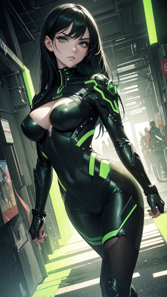 masterpiece, highest quality, (solo focus), (perfect face:1.1), (full body), (high detail:1.1), (hyper-detailed eyes), dramatic, a woman with pale skin and voluminous dark green-black hair, green eyes, solo, two-toned hair, arrogant expression, cybernetic outfit, cyberpunk, art by artgerm, cinematic lighting, fashion, BalenciagaStyle