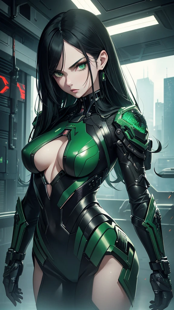 masterpiece, highest quality, (solo focus), (perfect face:1.1), (full body), (high detail:1.1), (hyper-detailed eyes), dramatic, a woman with pale skin and voluminous dark green-black hair, green eyes, solo, two-toned hair, arrogant expression, cybernetic outfit, cyberpunk, art by artgerm, cinematic lighting, fashion, BalenciagaStyle