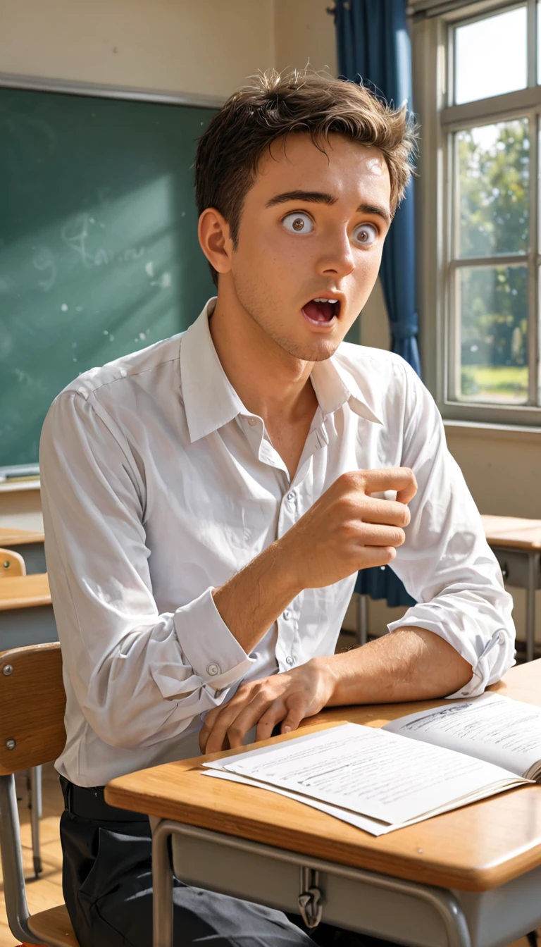 “A 9-year-old boy sitting at his desk, wide-eyed and shocked, noticing his wet pants. Sunlight streams through the classroom window.”