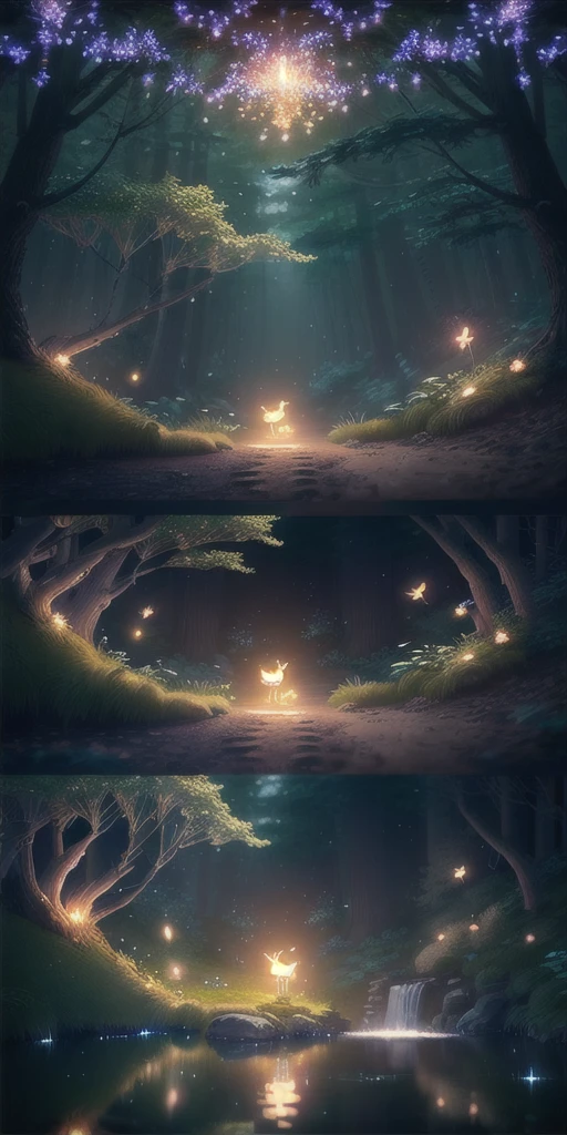 Masterpiece, best quality, (very detailed CG unity 8k wallpaper), (best quality), (best illustration), (best shadows), glow sprite, with a glowing deer, in the swimming pool Drinking water, natural elements in the forest theme. Mysterious forest, beautiful forest, nature, surrounded by flowers, delicate leaves and branches surrounded by fireflies (natural elements), (jungle theme), (leaves), (twigs), (fireflies), (particle effects) etc. 3D , Octane rendering, ray tracing, super detailed
