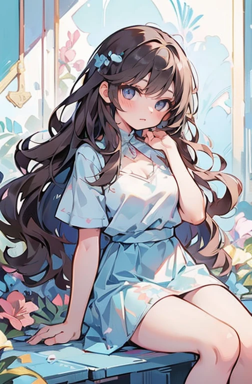 アニメ, long and curly brown hair, blue colored eyes, hands on face, sitting down, surrounded by flowers, fund (minimalistic, pastel colours, Start), digitl art, work of art, ultra detaild, best qualityer, wall-paper, wide breasts, sexly