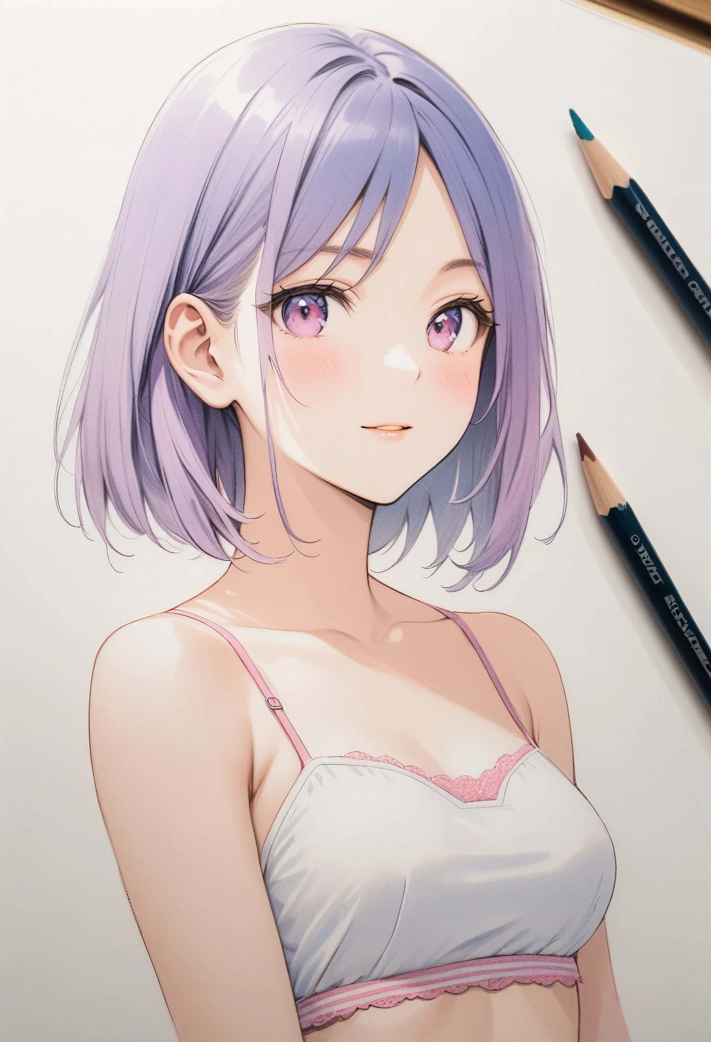  female，short camisole，white，Art，ad，colour pencil drawing，draft drawing，illustration