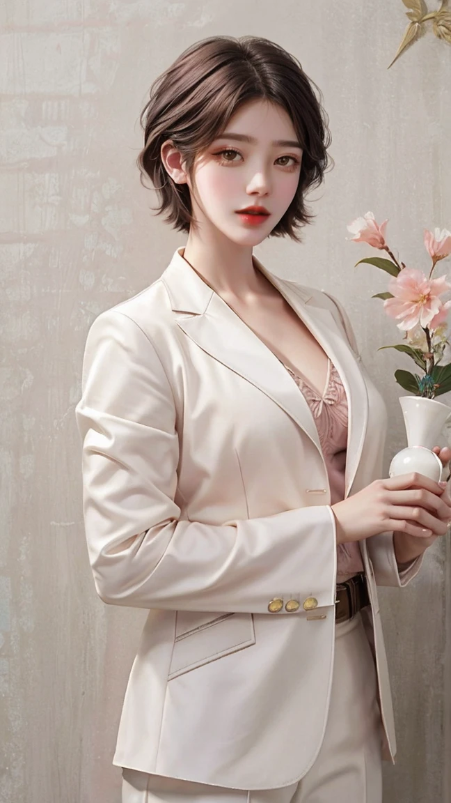 fully body photo，((pores))，fashion magazine，sophisticated haircut，ultrarealism oil painting，（Pure white parrot），white business suit，DEEP-V COLLAR，（Short-haired neutral woman），((a mature female))，Pink big breasts，Plant cover background，The style of artist Bruce Zheng，shinny hair，cowboy lens，art-deco，Verism，blooms，Award-Awarded，retinas