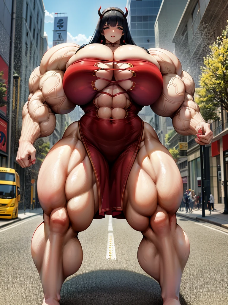 raffe woman in a red dress posing on a street, heavy looking, thicc, giantess art, highly detailed giantess shot, thick body, massive legs towering over you, muscular ultraviolent woman, powerful and huge, hyperrealistic full figure, exaggeratedly large physique, large muscles, extremely detailed giantess