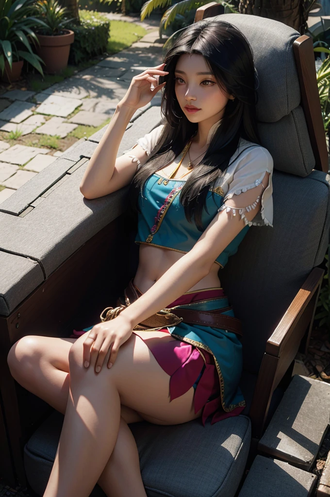 best quality, High resolution, Unique image, 1 girl, armpit, Put your arms behind your head, Bangs, bare shoulders, blue footwear, blue hair, blue tights, braid, Chest, brown lift your legs, shut your mouth, bench, cover navel, curtain, Split collar, earrings, Eyebrows visible through hair, fake Animal ears, gradient hair, green eyes, High heel, high legs, high legs tights, huge Chest, jewelry, large Chest, tights, light blush, looking at the audience, messy hair, colorful hair, on bench, Pillow, short hair, side lock, sitting, alone, swept Bangs, lift your legs, change through